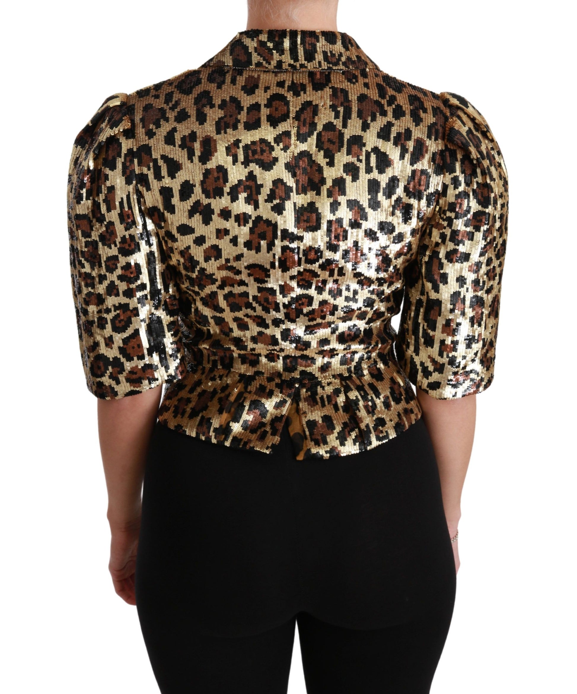 Gouden blazer met korte mouwen en luipaardprint