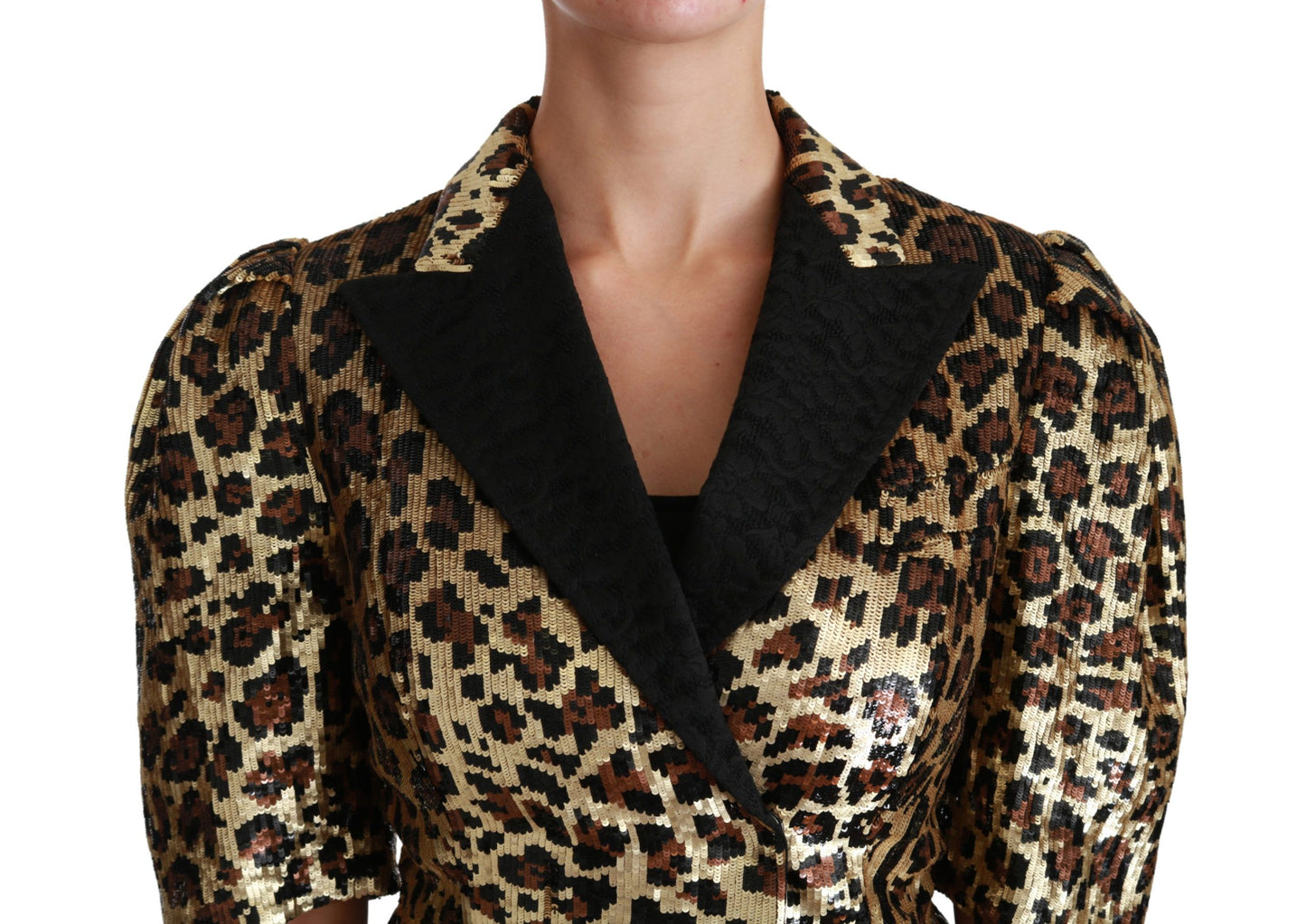 Gouden blazer met korte mouwen en luipaardprint