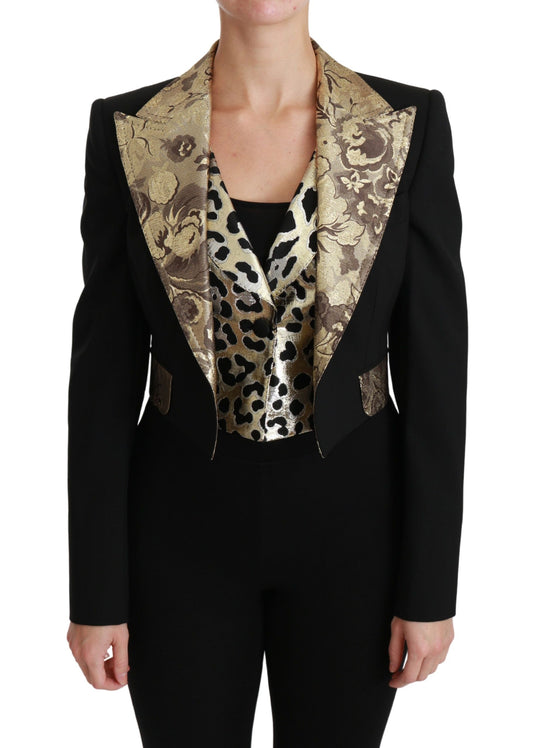 Conjunto opulento de chaqueta y chaleco con estampado floral en oro negro