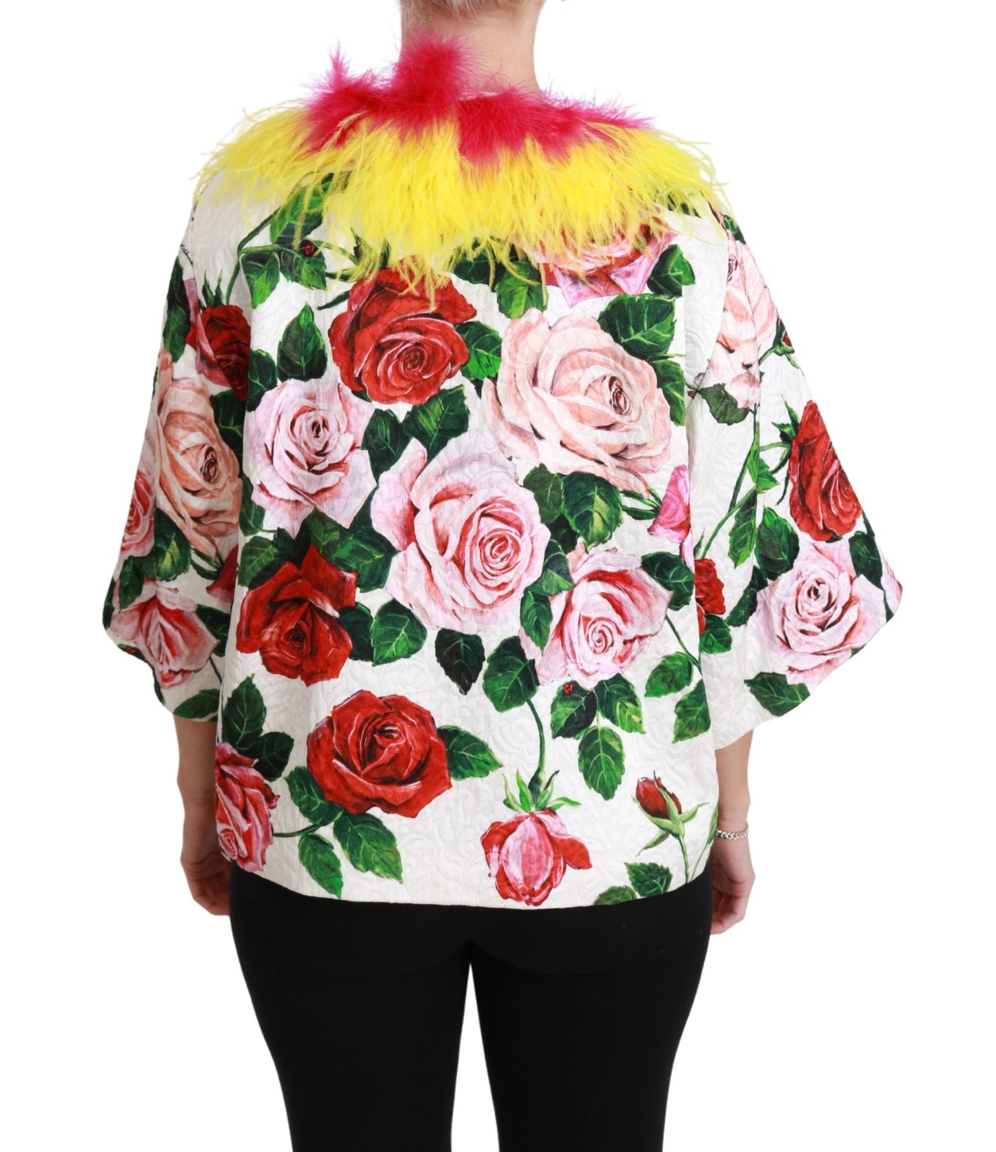 Elegante chaqueta tipo capa floral con detalles de piel