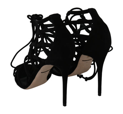 Elegante zwarte suède stiletto sandalen met enkelbandje