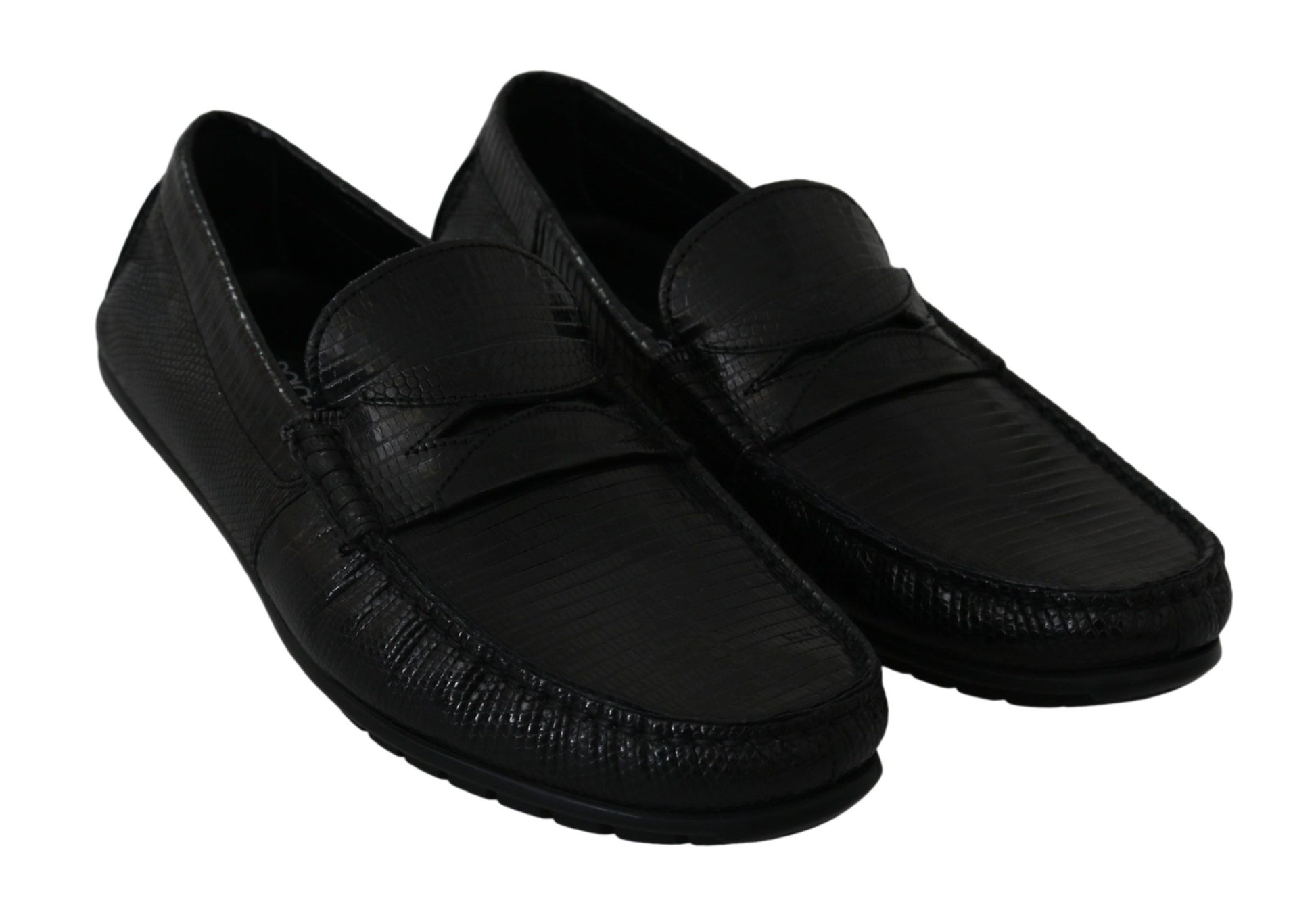 Exquisitos mocasines de piel de lagarto negro