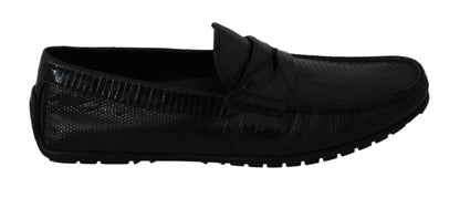 Exquisitos mocasines de piel de lagarto negro