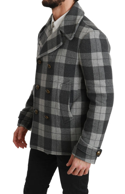 Elegant Gray Check Double Breasted Coat