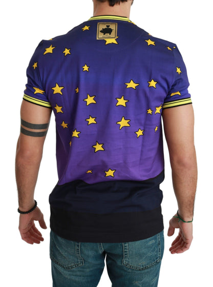 Camiseta violeta de algodón con cuello redondo y motivo de cerdo