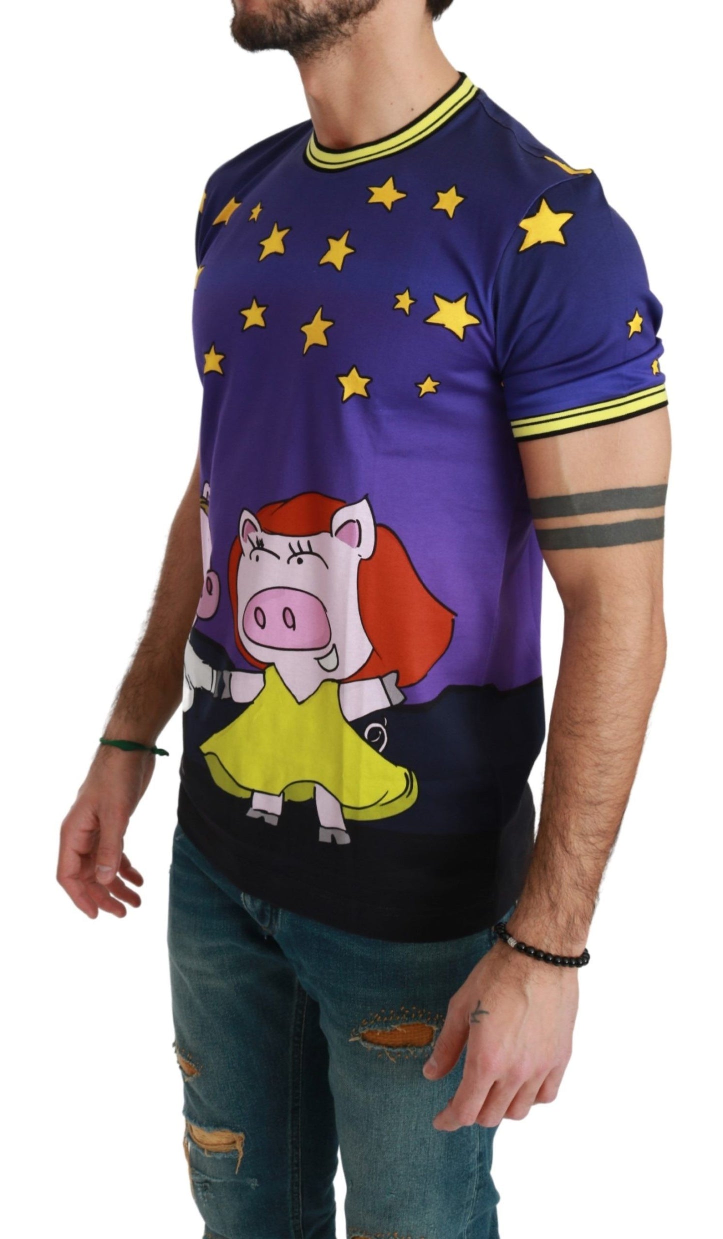 Camiseta violeta de algodón con cuello redondo y motivo de cerdo