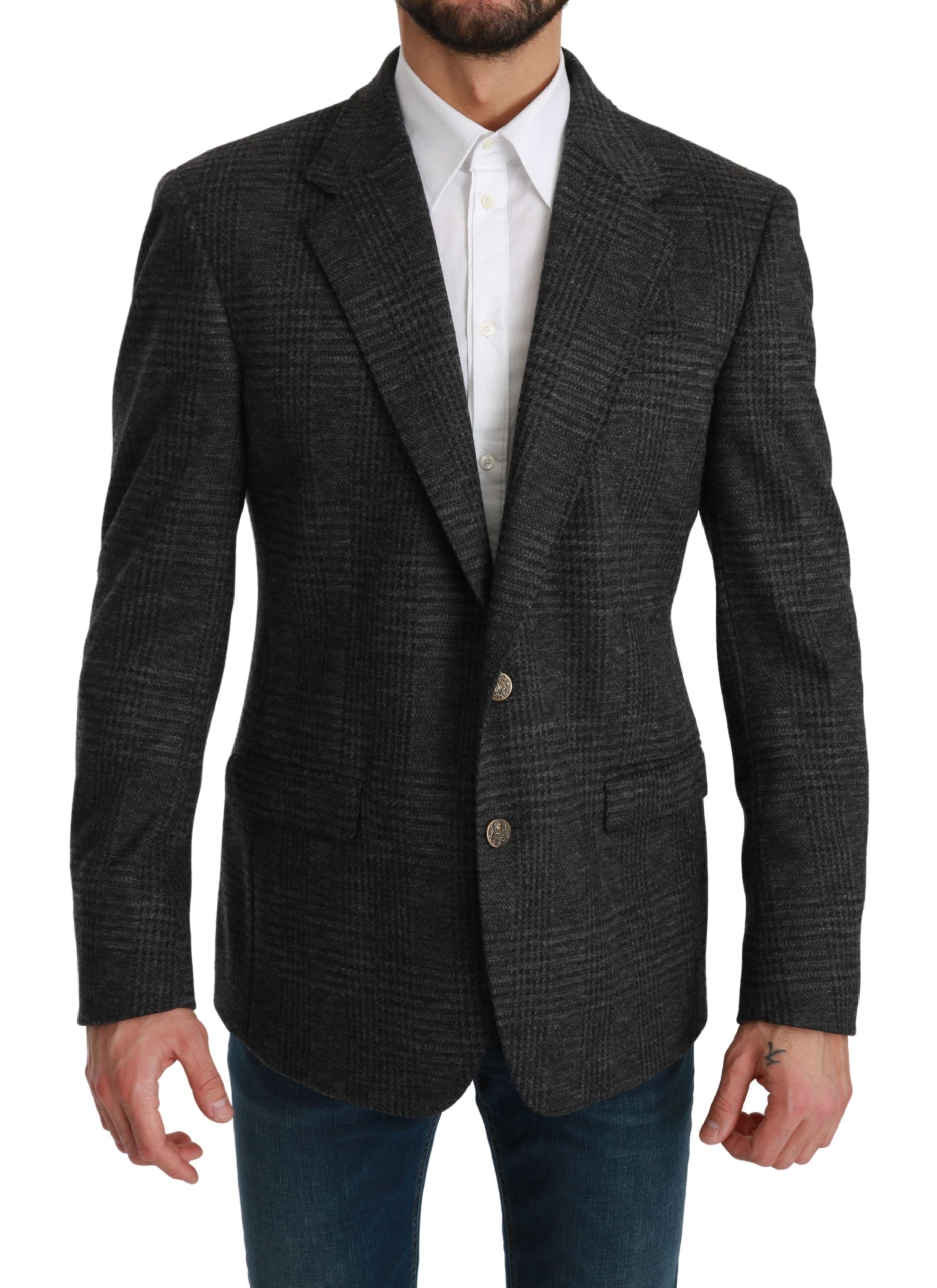 Elegante grijze geruite blazer van scheerwol