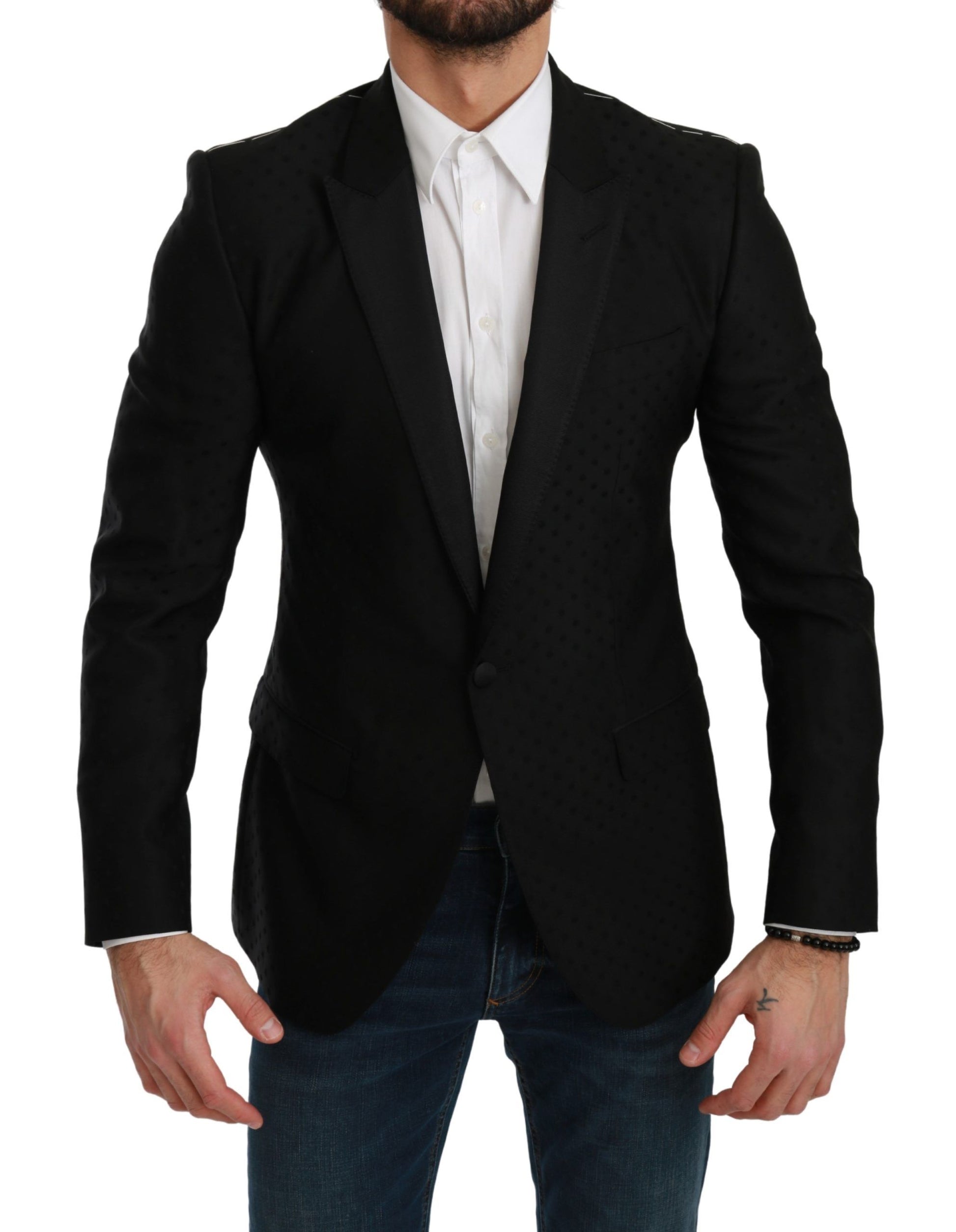 Elegante blazer negro de mezcla de lana con lunares