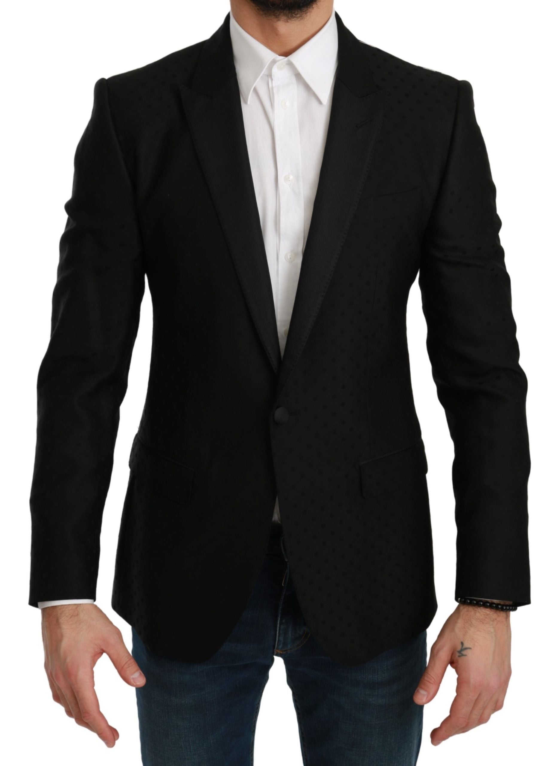 Elegante blazer negro de mezcla de lana con lunares