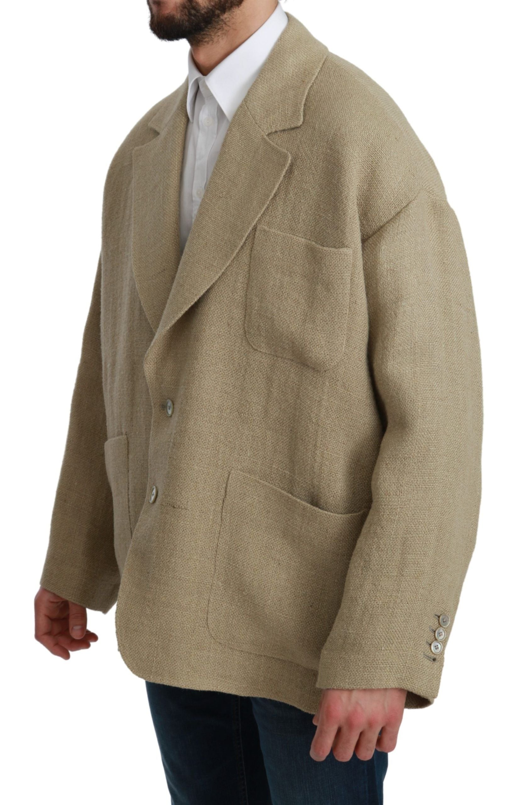 Chique beige jute blazer met enkele rij knopen