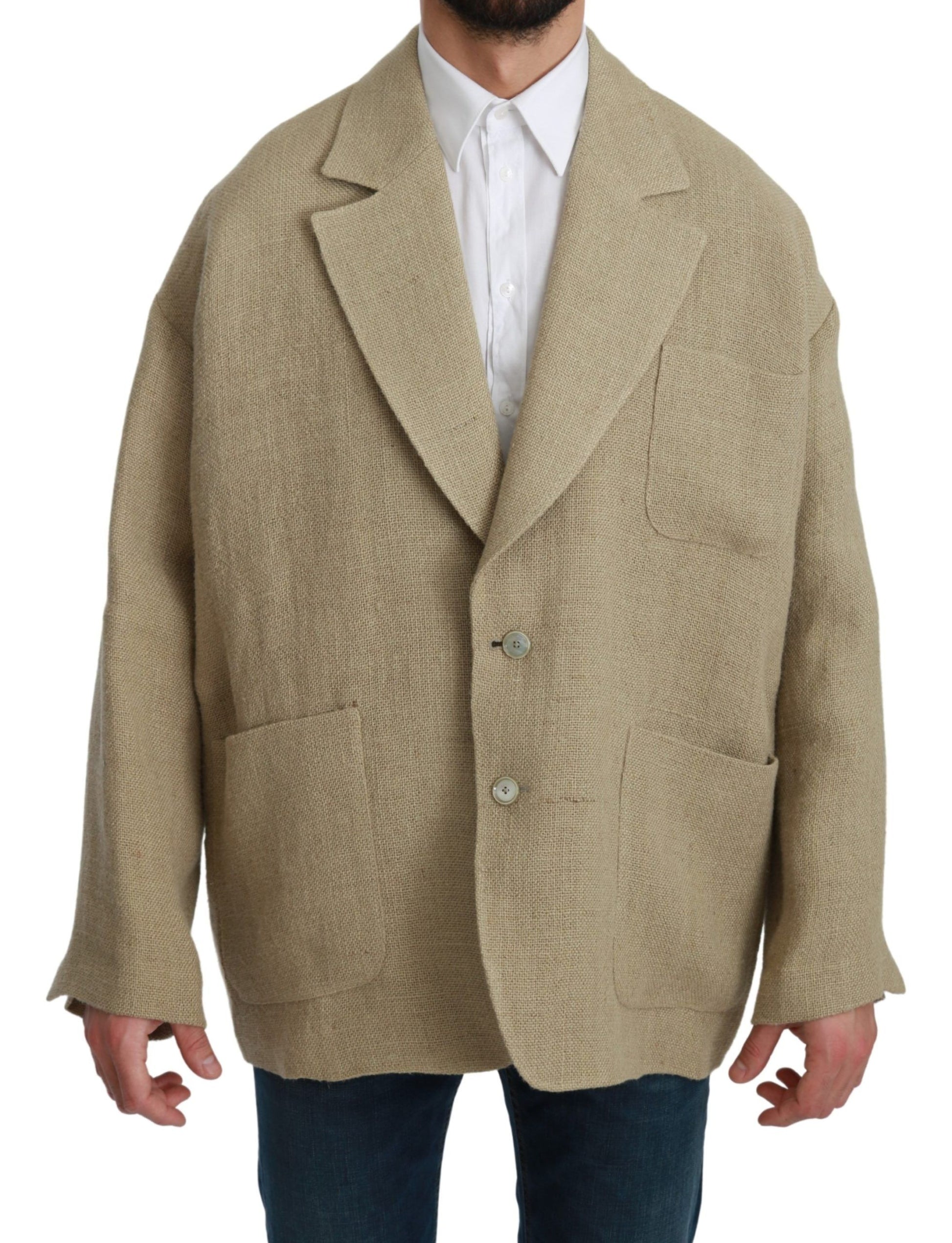 Chique beige jute blazer met enkele rij knopen