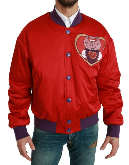 Chaqueta bomber roja vibrante con motivo multicolor