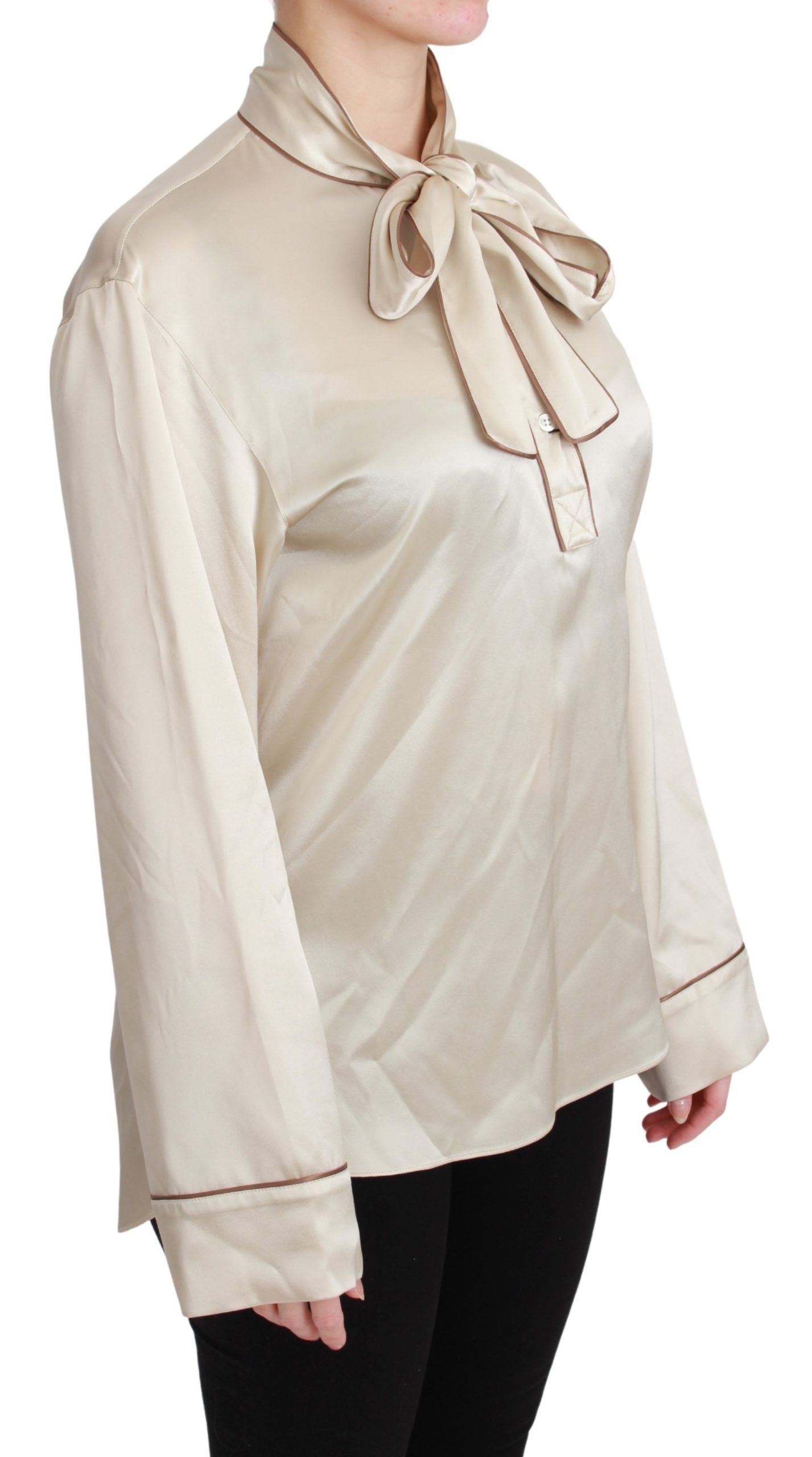 Elegante Blusa de Satén de Seda Beige con Bordado QUEEN