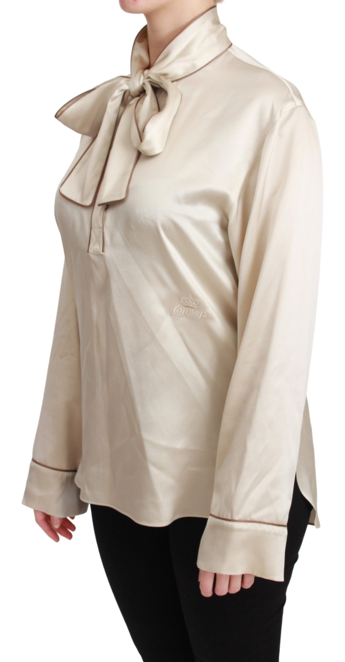 Elegante Blusa de Satén de Seda Beige con Bordado QUEEN