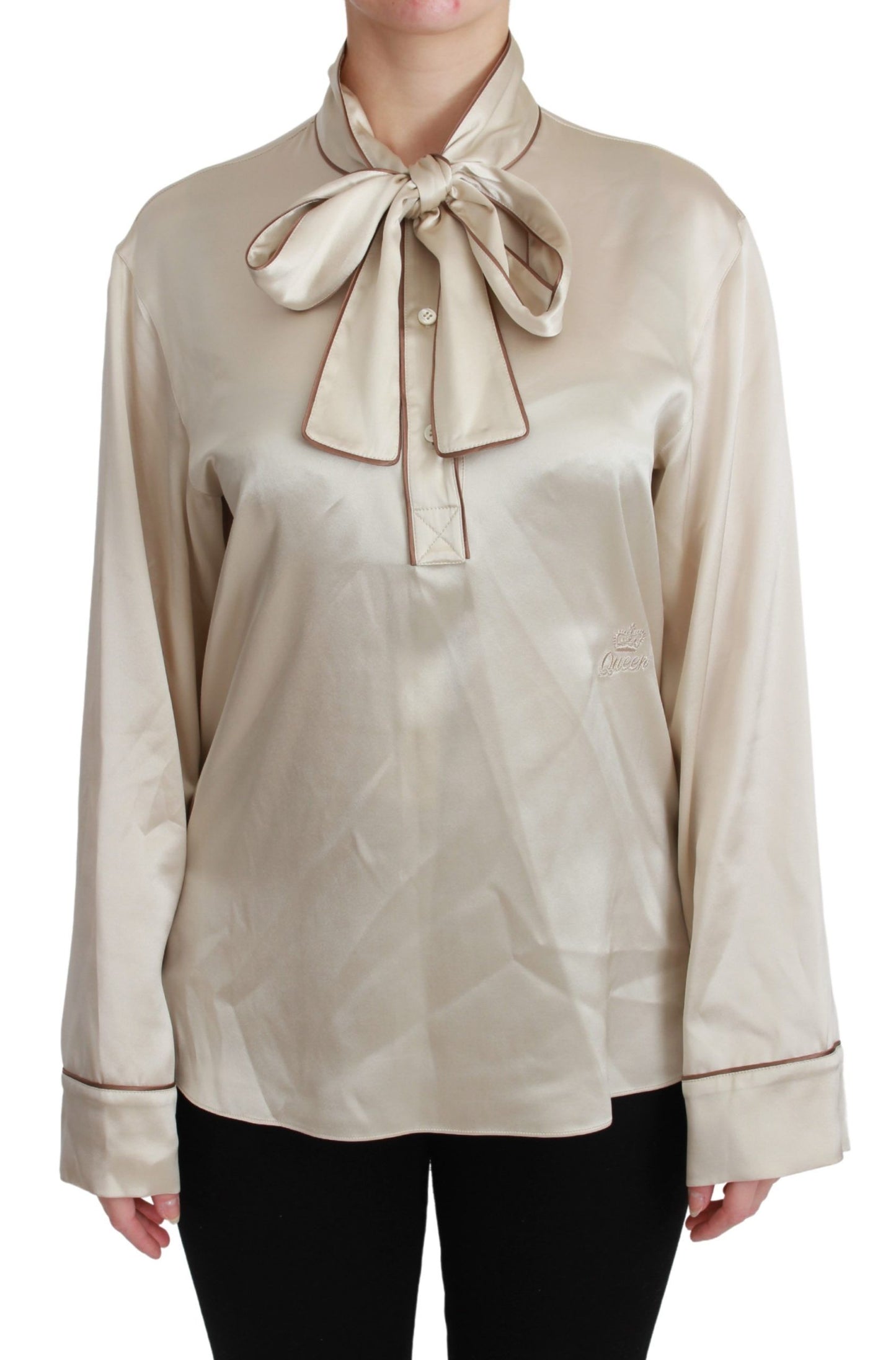 Elegante Blusa de Satén de Seda Beige con Bordado QUEEN