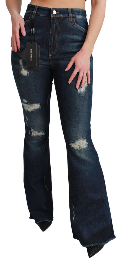 Denim acampanado de talle alto y elegante con bordado Queen