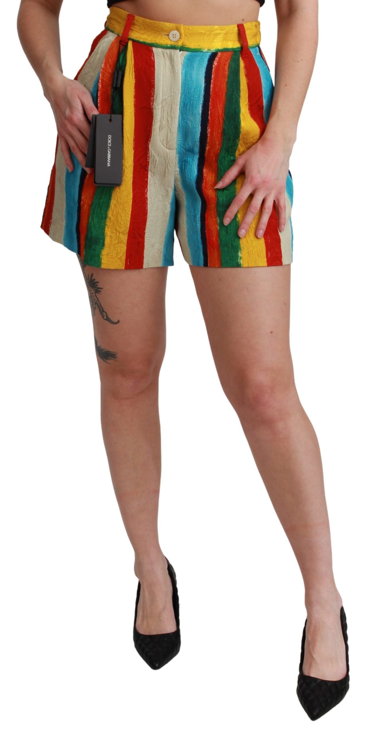 Shorts de cintura alta a rayas multicolores