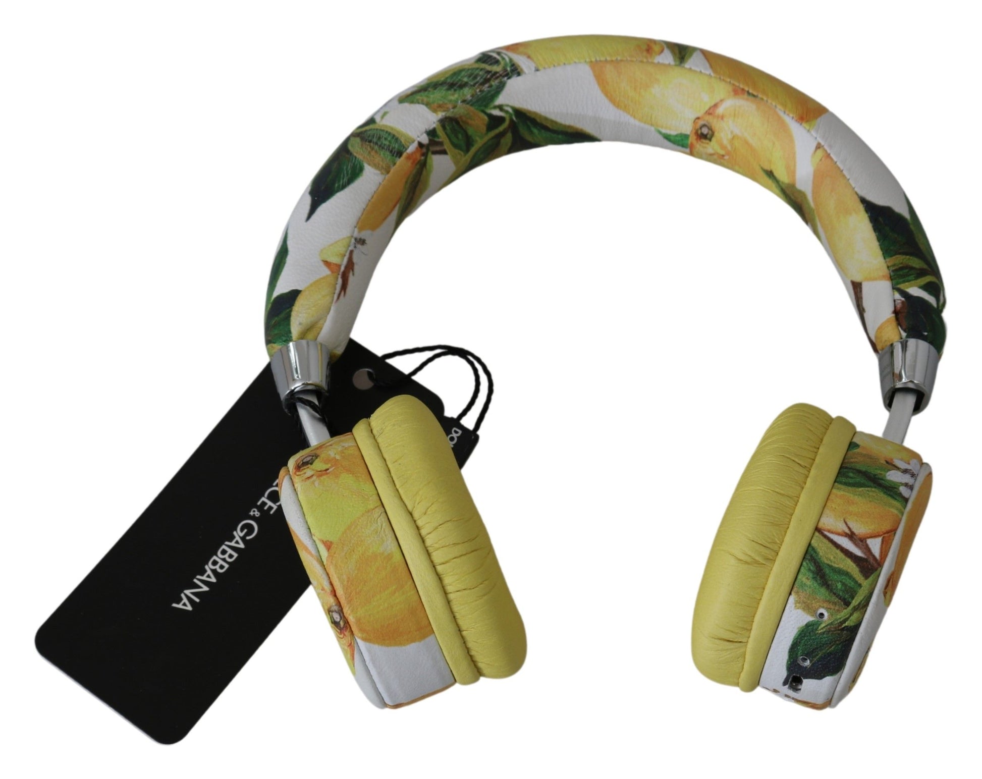 Elegantes auriculares de cuero blanco con estampado amarillo