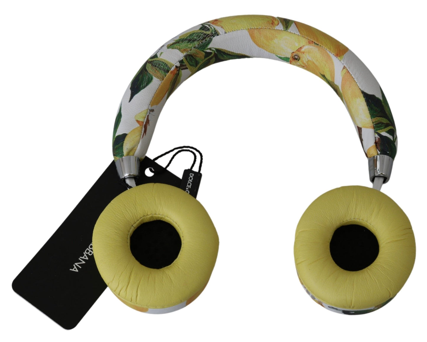 Elegantes auriculares de cuero blanco con estampado amarillo