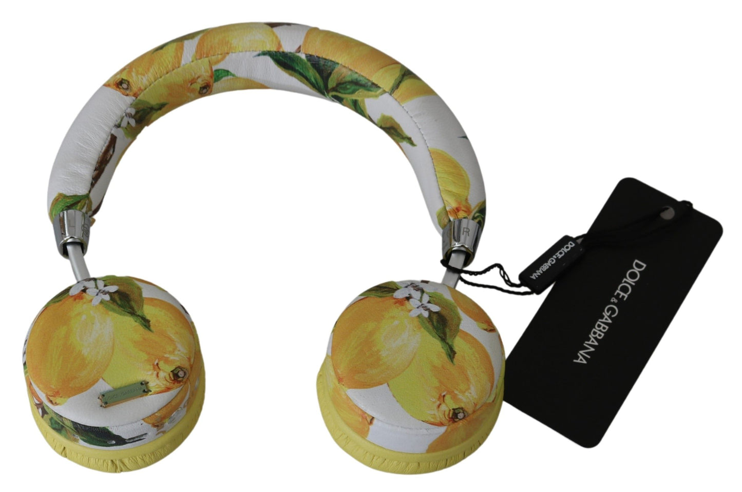 Elegantes auriculares de cuero blanco con estampado amarillo