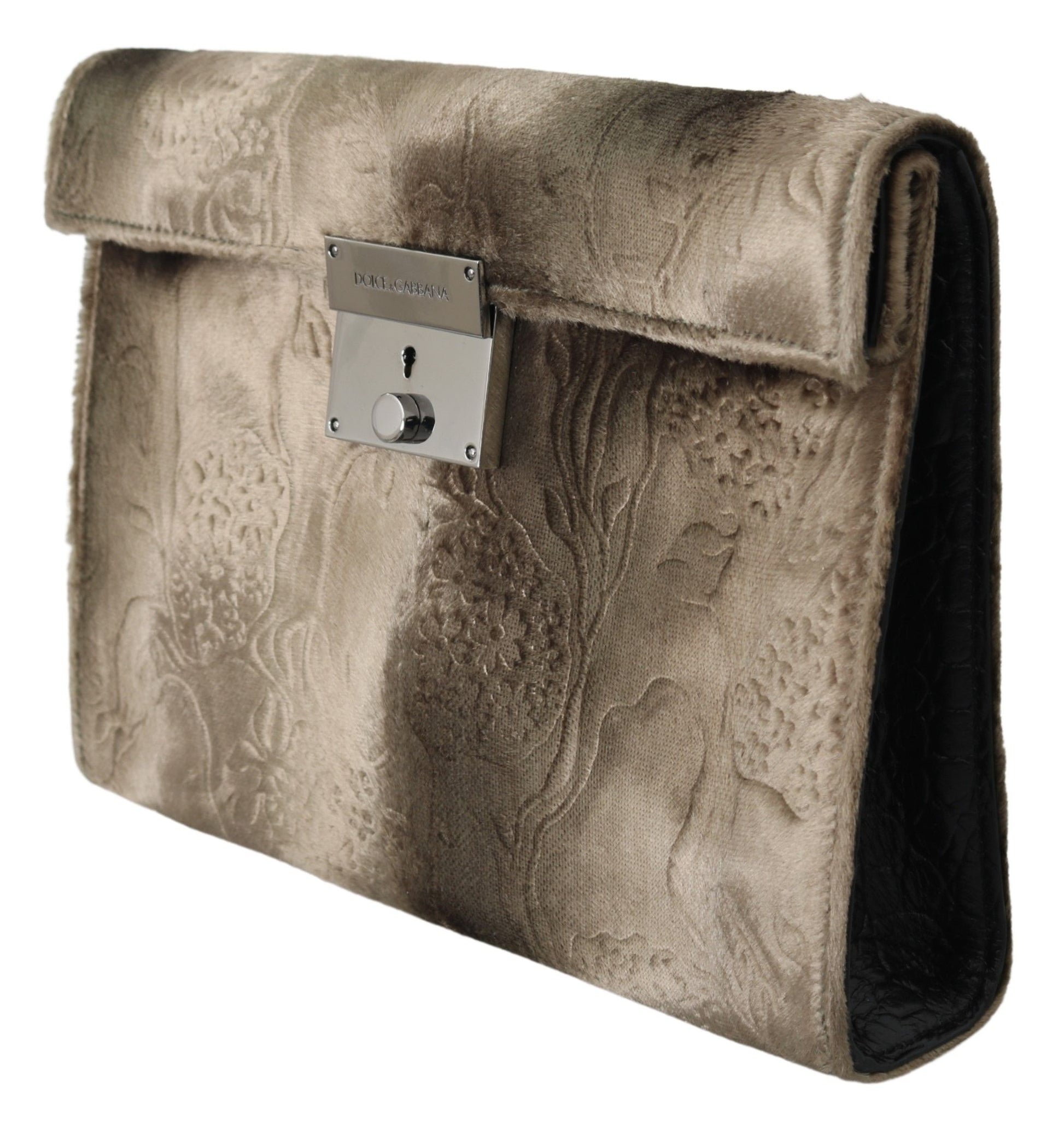 Beige fluwelen leren aktetas clutch met crocoprint