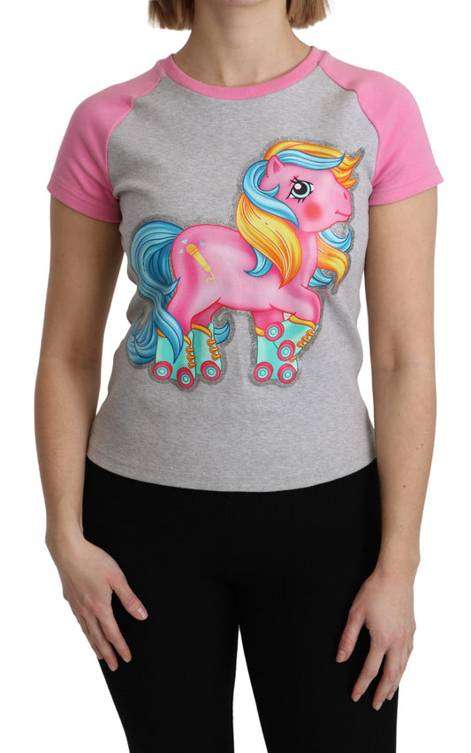 Chique grijs katoenen T-shirt met ronde hals en roze accenten