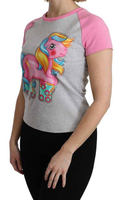 Chique grijs katoenen T-shirt met ronde hals en roze accenten