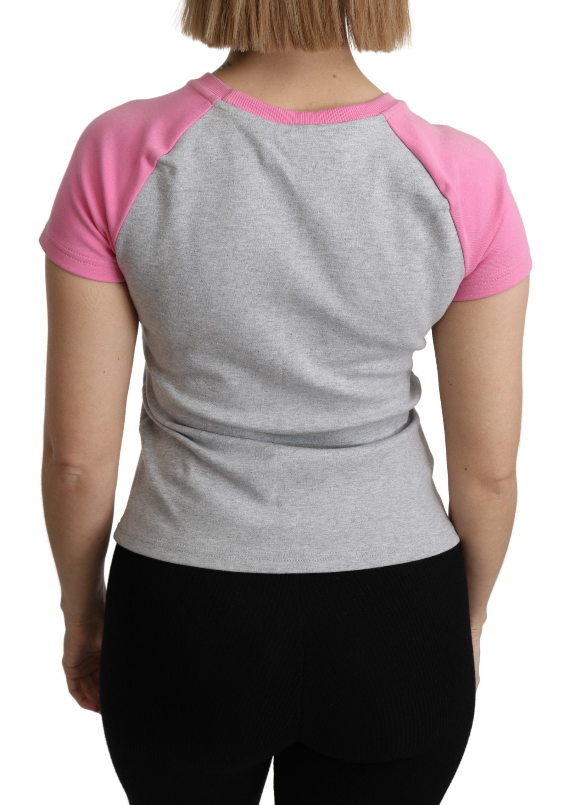 Chique grijs katoenen T-shirt met ronde hals en roze accenten