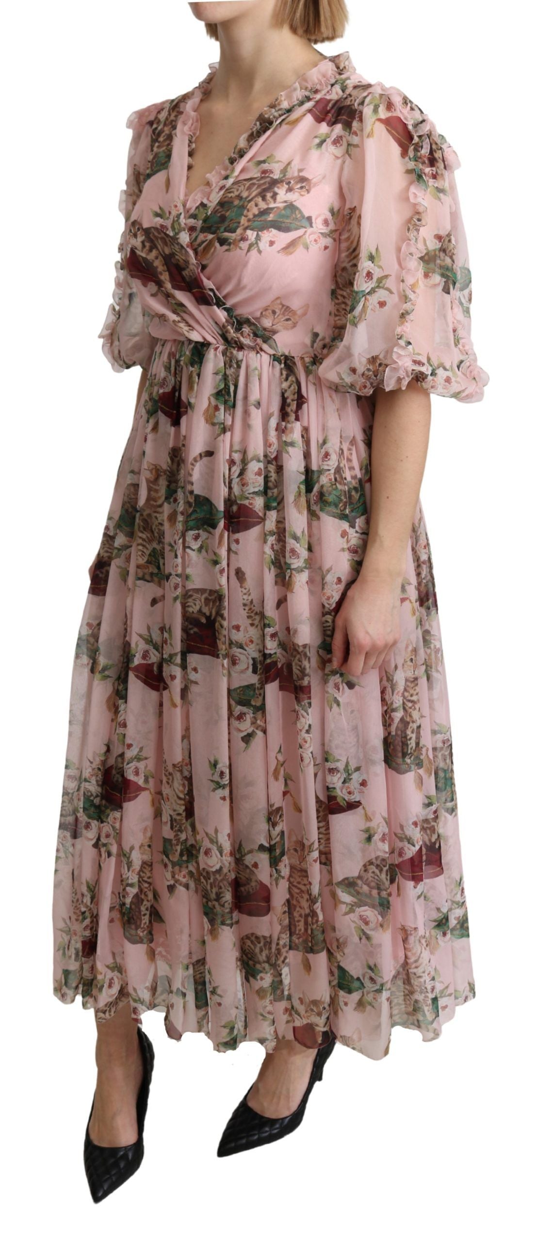 Elegant Pink Bengal Cat Print A-Line Maxi Dress