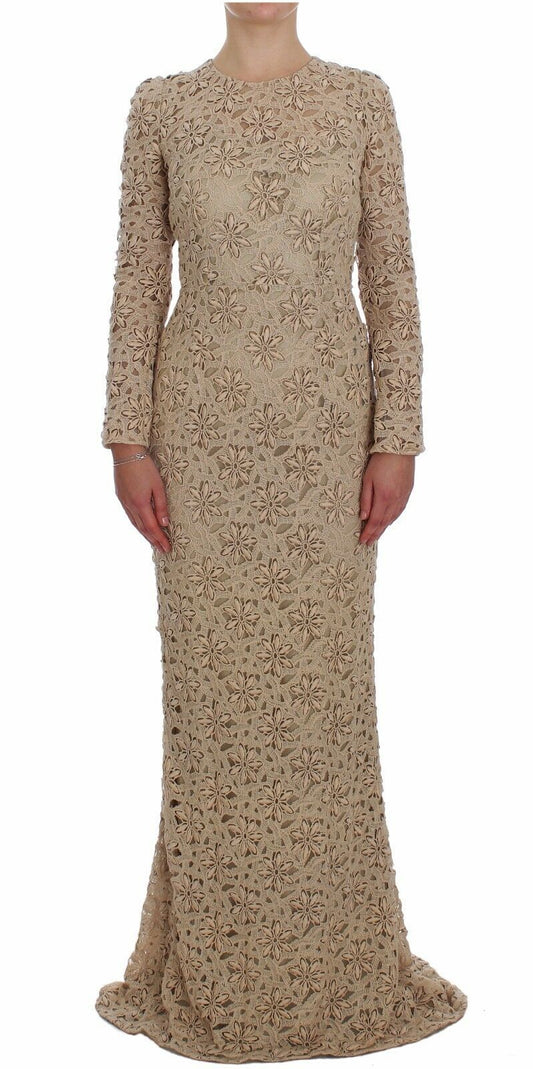 Beige maxi-jurk met bloemenkant en lange mouwen