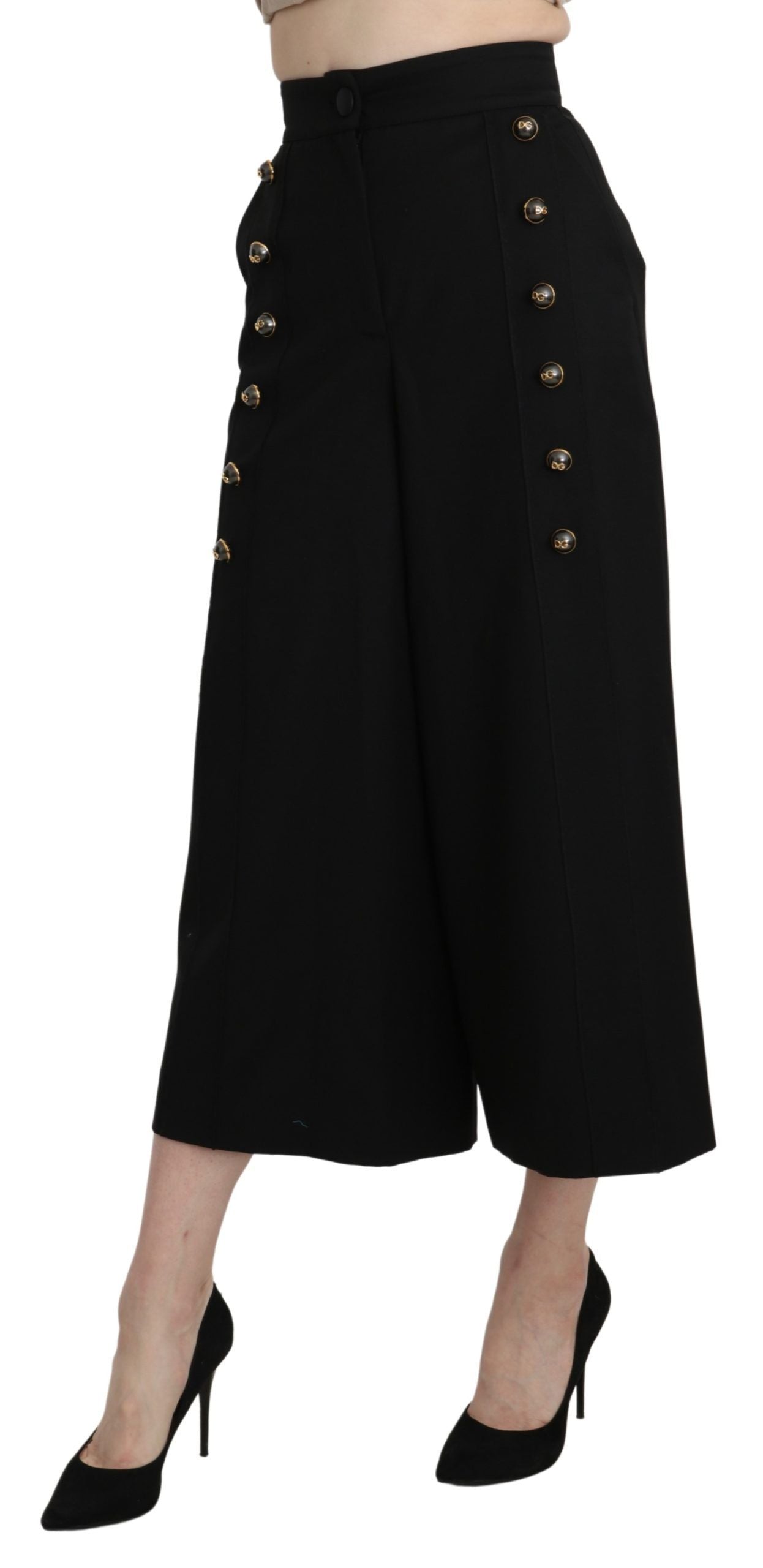 Elegant High Waist Wide Leg Virgin Wool Trousers