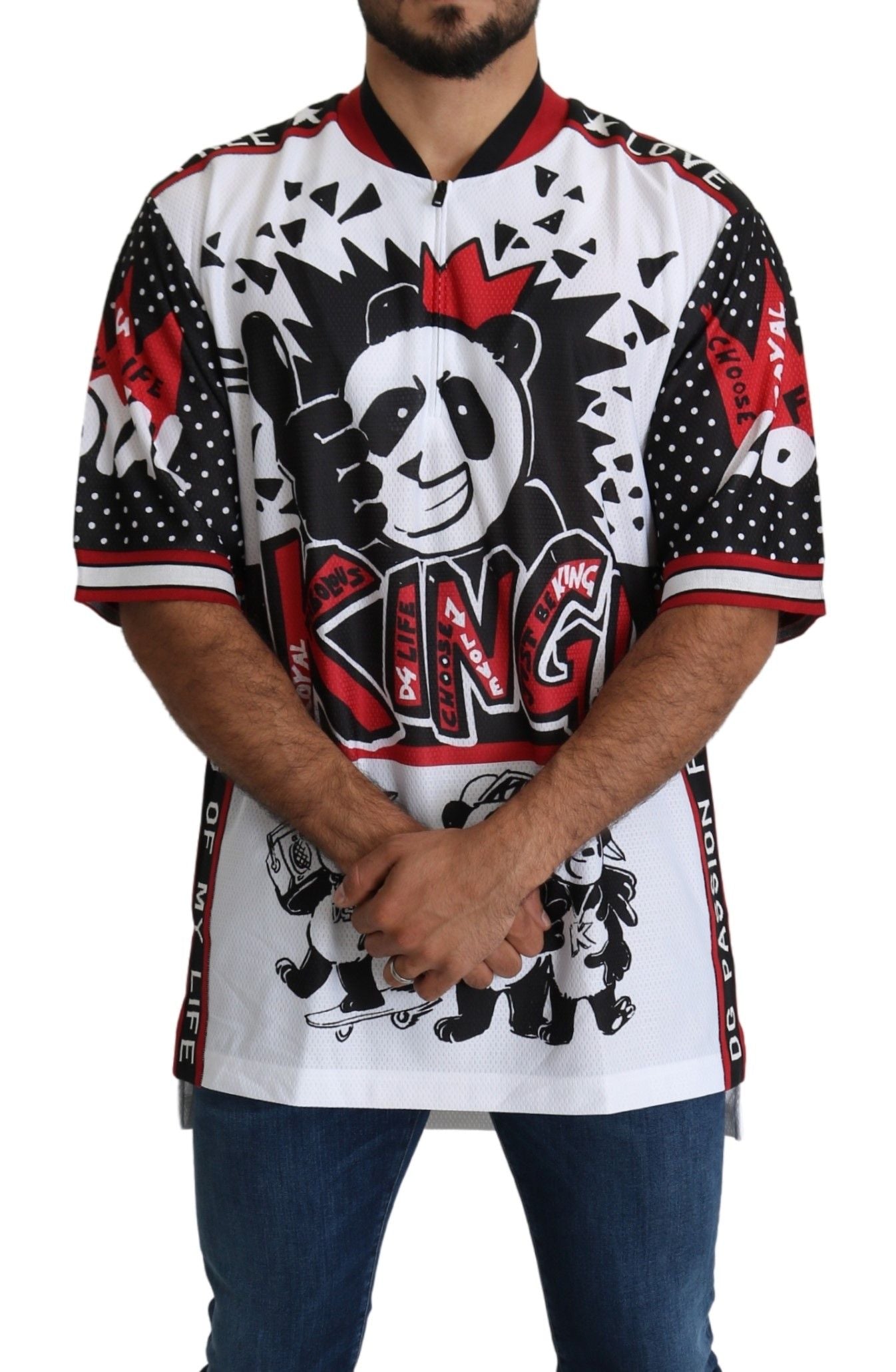 Camiseta blanca elegante con cuello con cremallera y estampado de Rey Panda