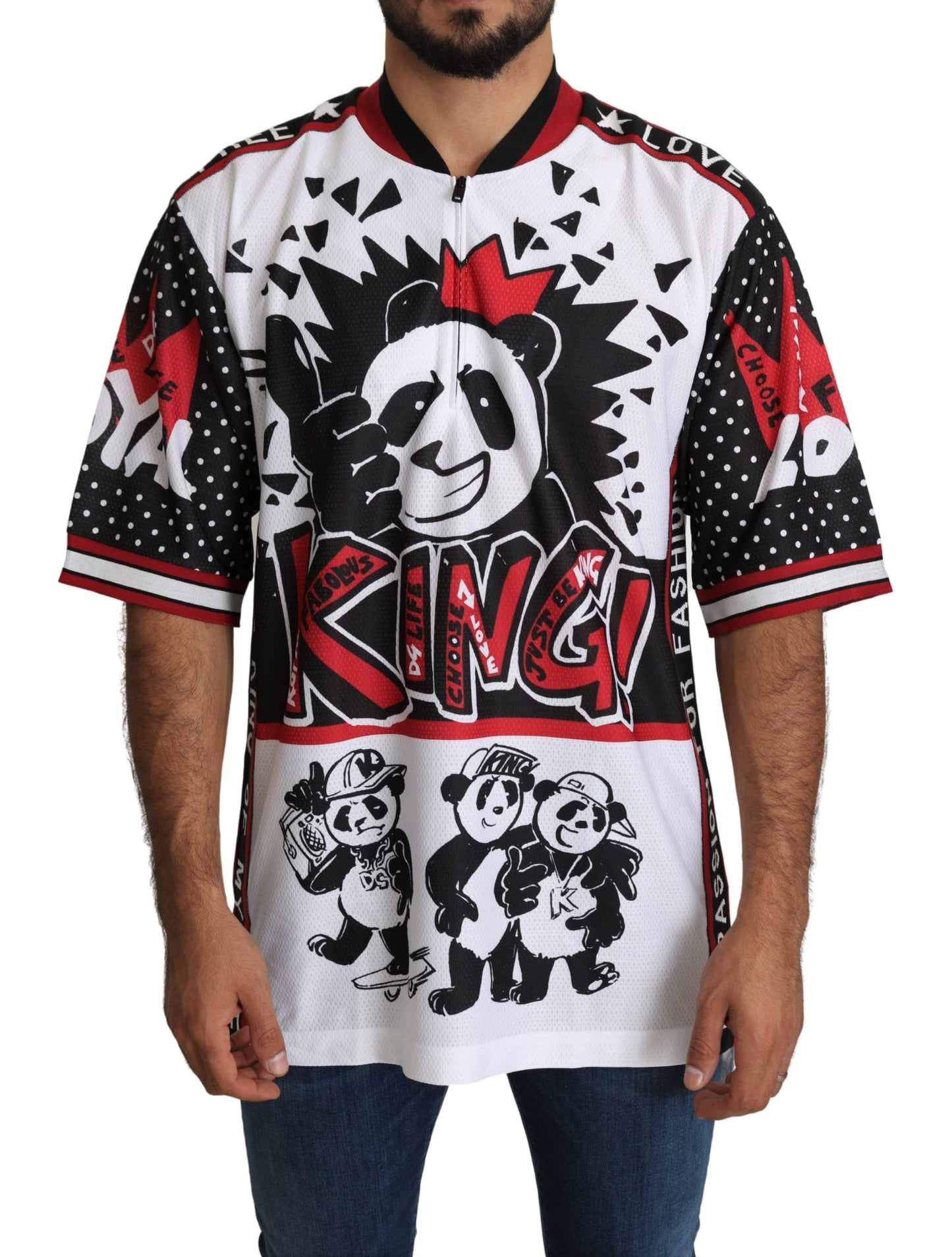 Camiseta blanca elegante con cuello con cremallera y estampado de Rey Panda