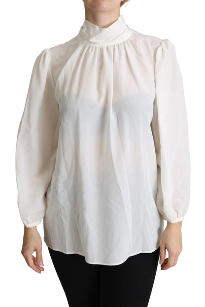 Elegante witte zijden poesje strikblouse