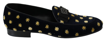 Blauw fluwelen kroon pantoffels loafers schoenen