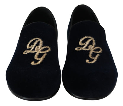 Blauw fluwelen gouden logo slipper loafers schoenen