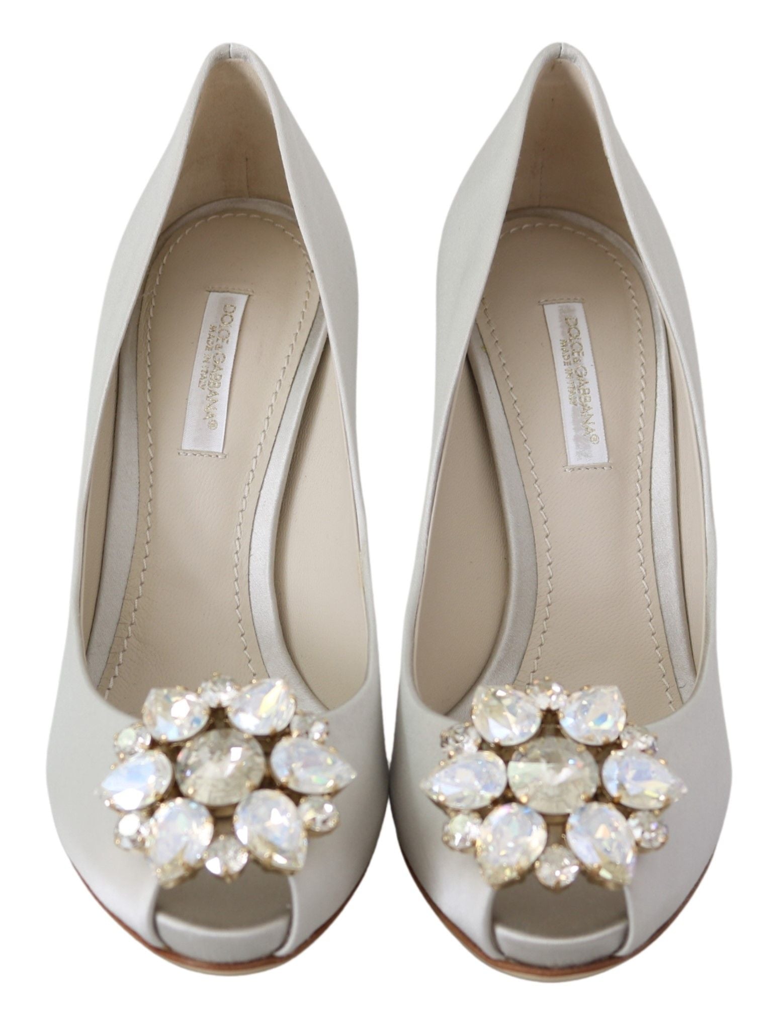 Tacones de mezcla de seda con peep toe de cristal blanco