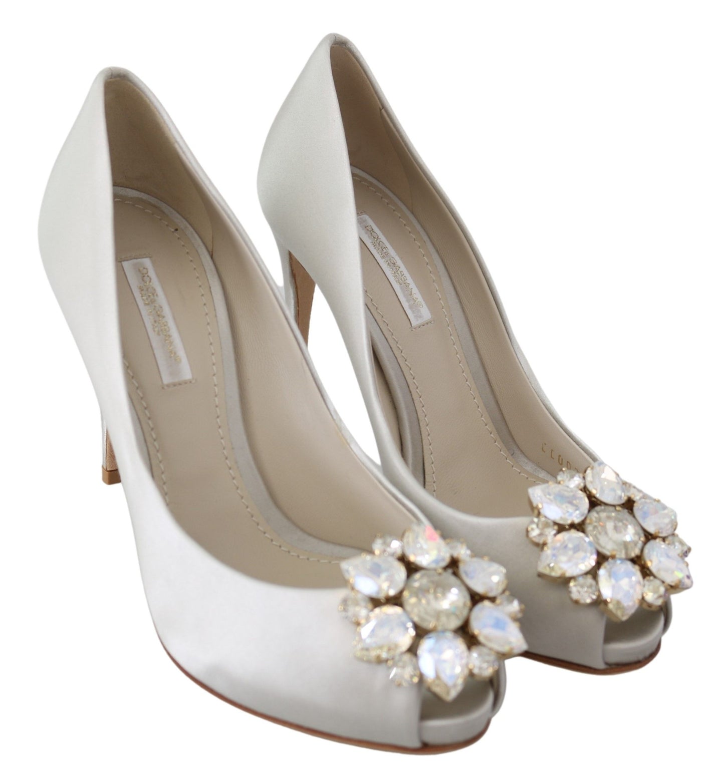 Tacones de mezcla de seda con peep toe de cristal blanco