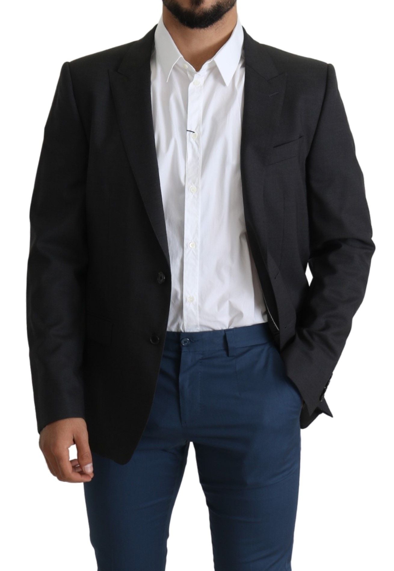 Elegante grijze wol-zijdemix slim-fit blazer