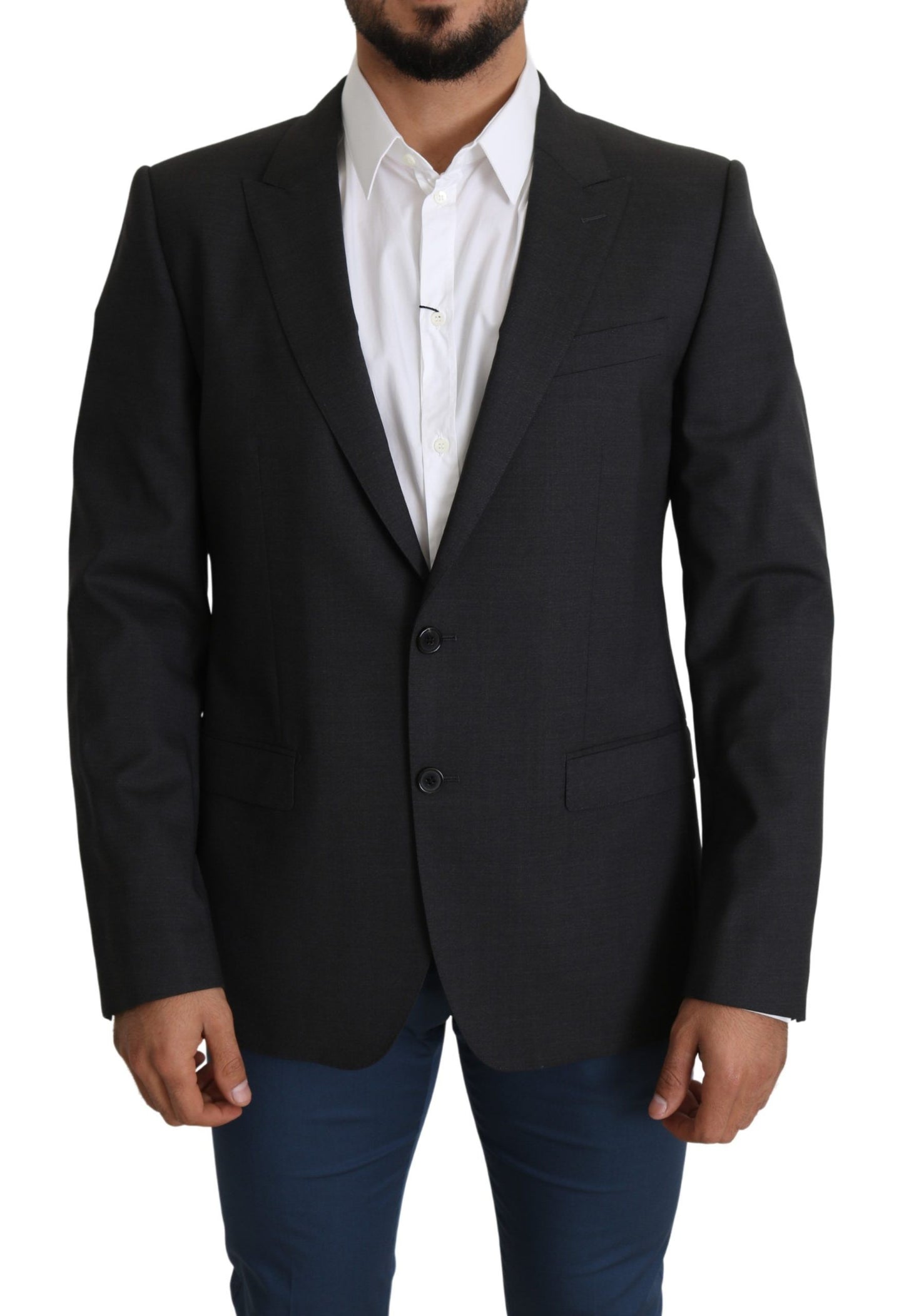 Elegante grijze wol-zijdemix slim-fit blazer