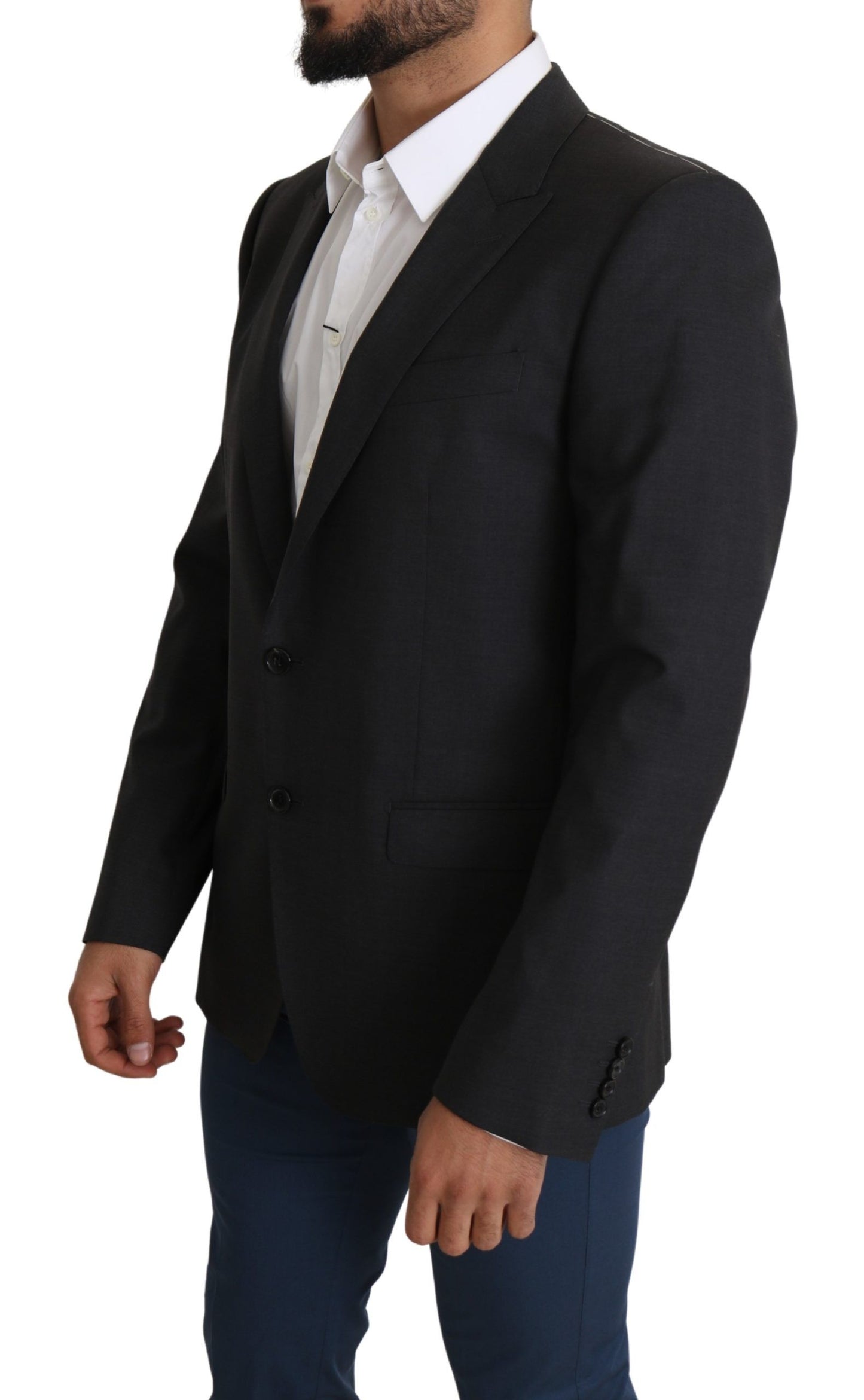 Elegante grijze wol-zijdemix slim-fit blazer