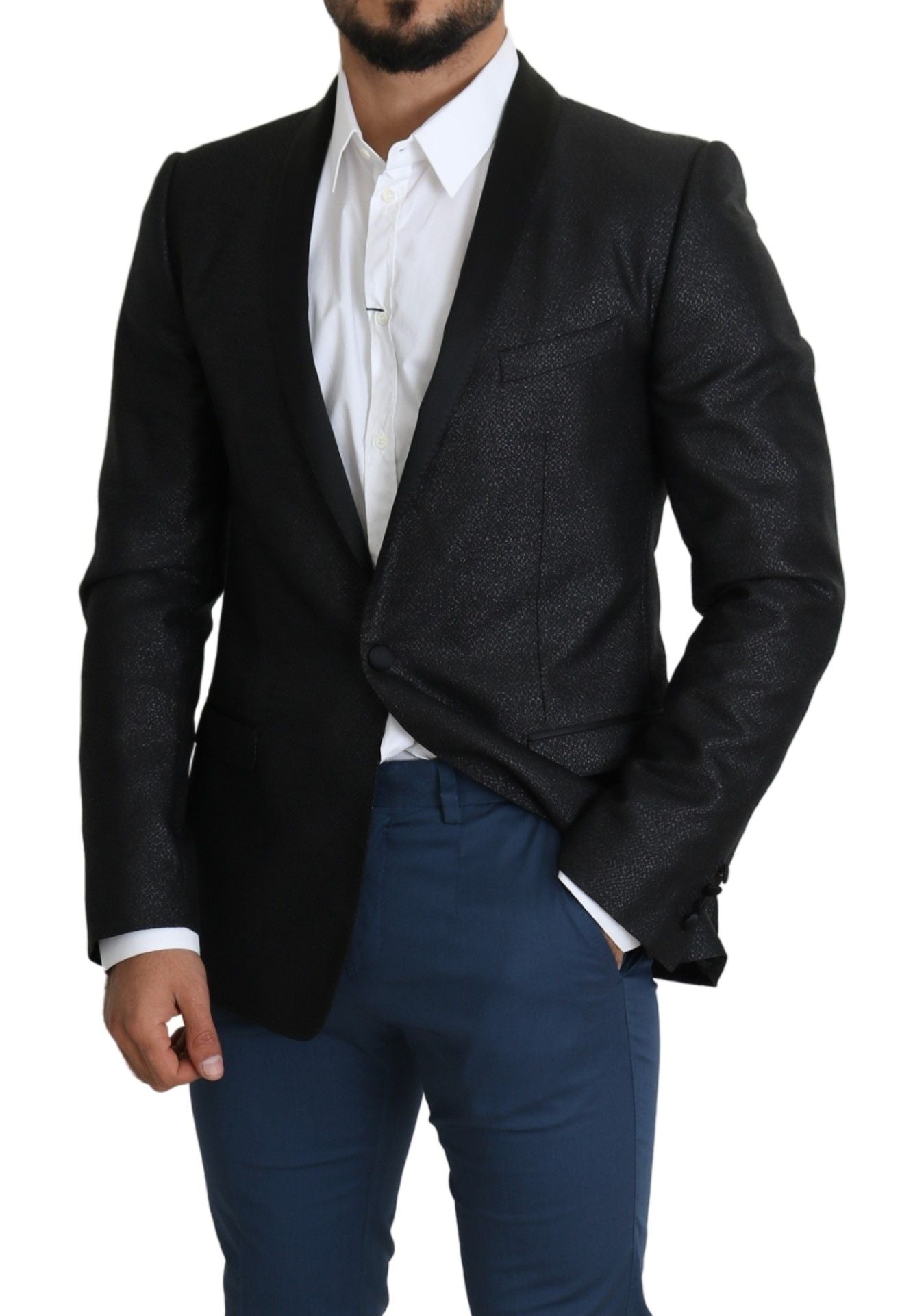 Elegante blazer negro de corte slim en jacquard