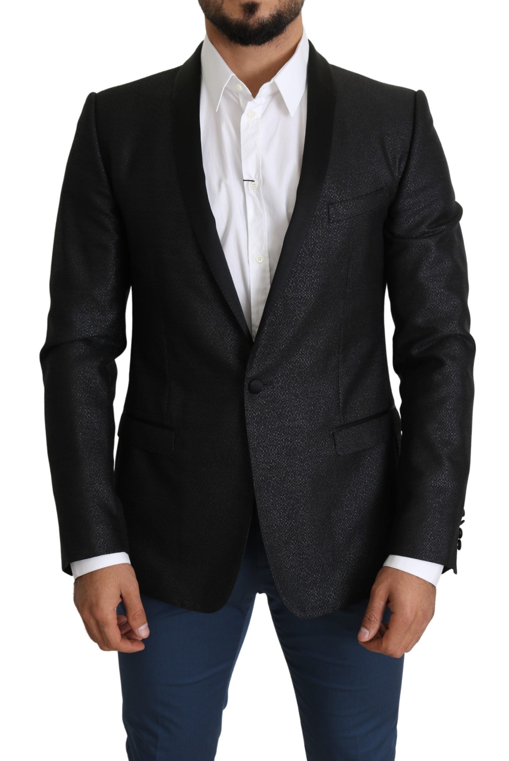 Elegante blazer negro de corte slim en jacquard