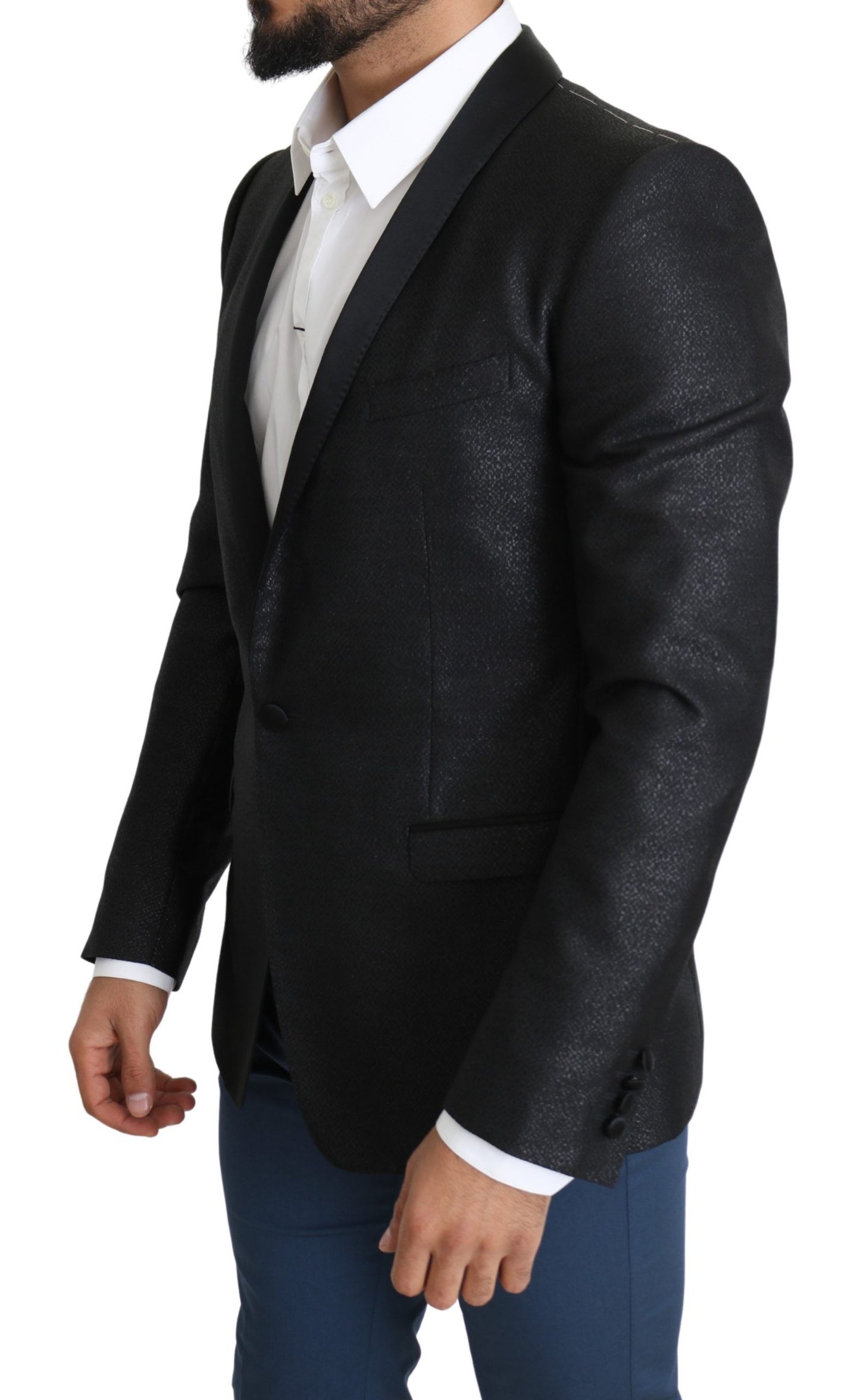 Elegante blazer negro de corte slim en jacquard