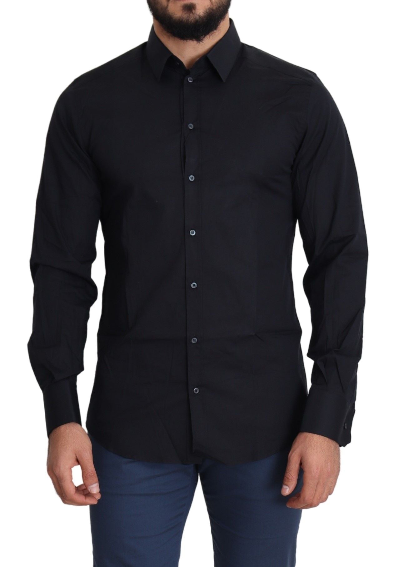 Camisa de vestir elástica de algodón, corte slim y elegante en color negro