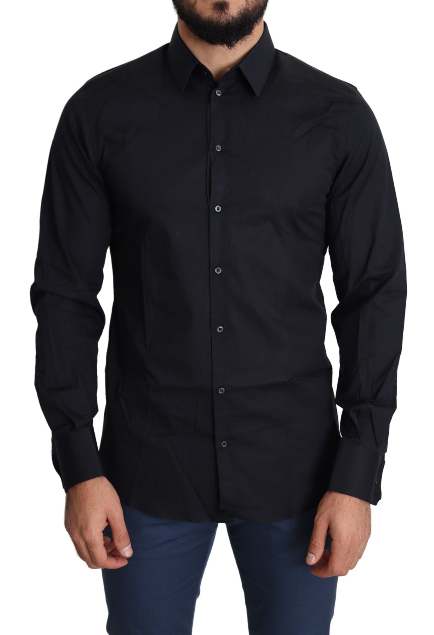 Camisa de vestir elástica de algodón, corte slim y elegante en color negro