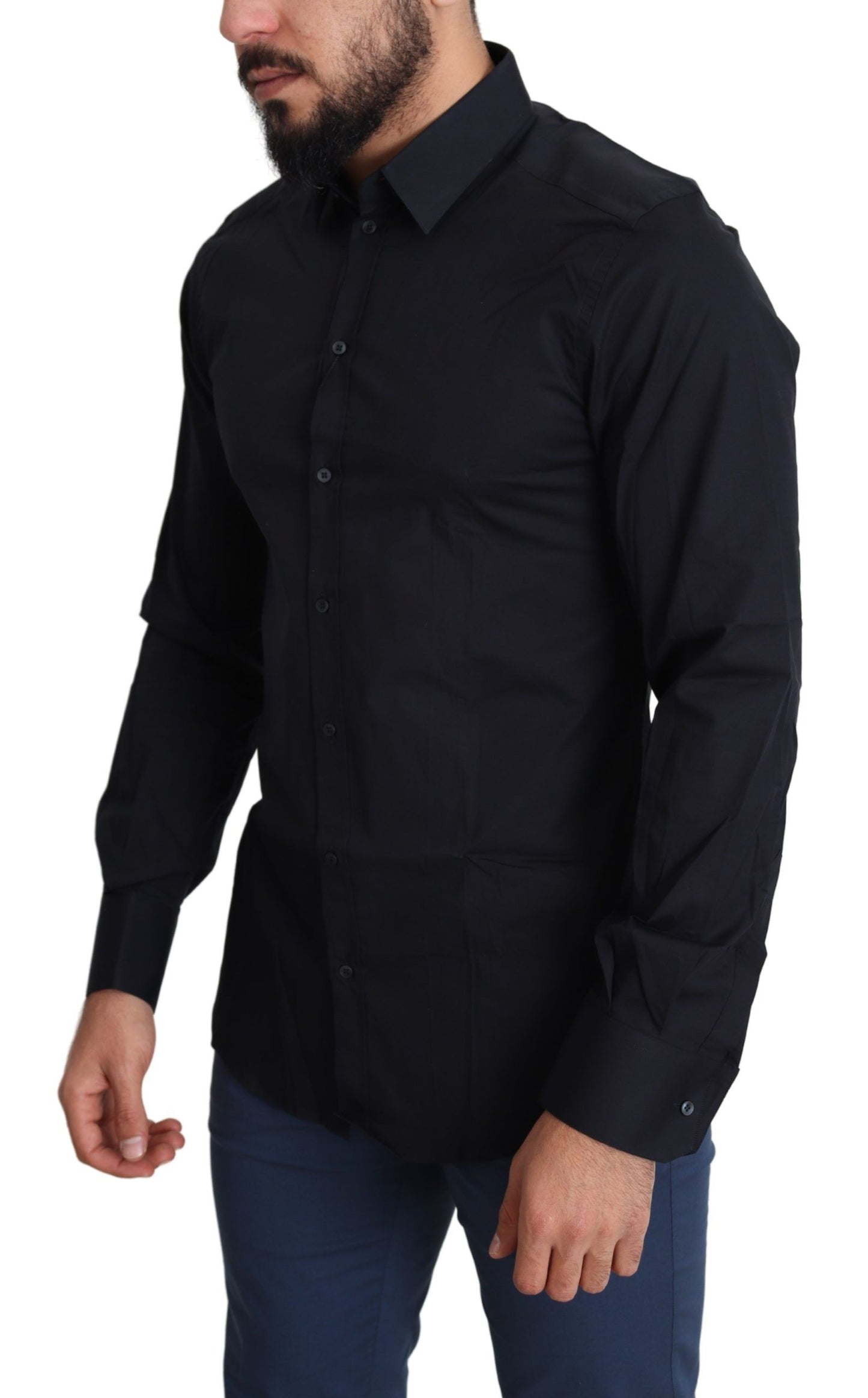 Camisa de vestir elástica de algodón, corte slim y elegante en color negro