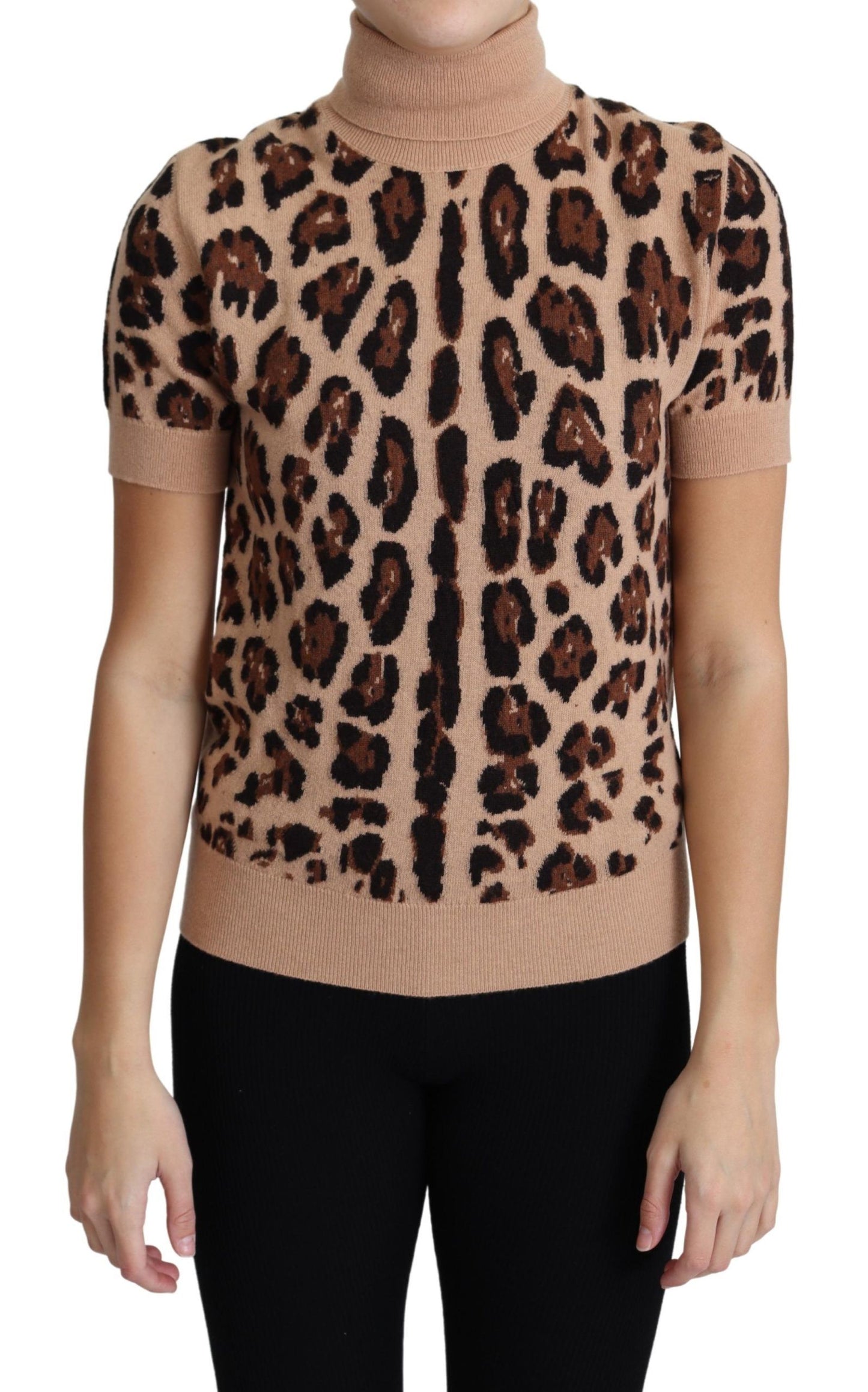 Top elegante de cuello alto de lana con estampado de leopardo