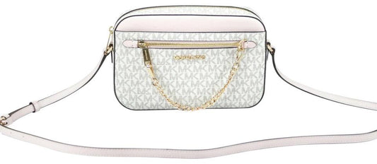 Jet Set Item Grote East West kenmerkende lederen crossbody handtas met ritssluiting (vanille PVC/poederblush)