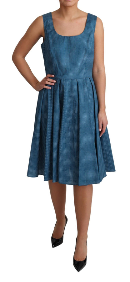 Blue Polka Dotted Sleeveless A-Line Dress